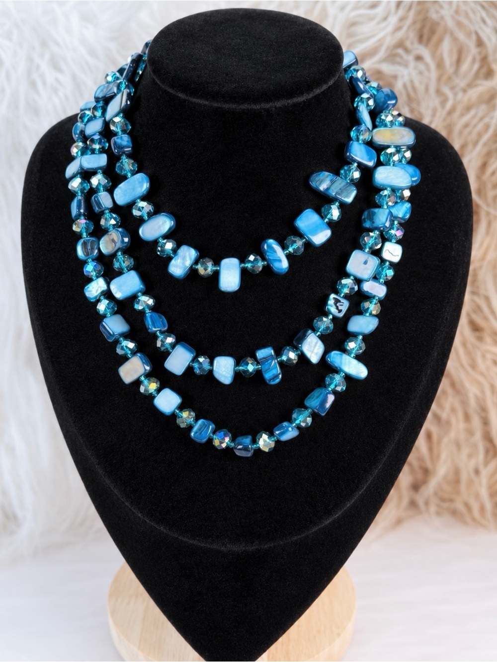 Extra Long Blue Faceted Bead & Irregular Accent Layering Necklace Boho Style